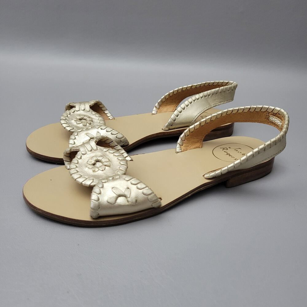Jack Rogers Liliana Sandals Women's Size 6 Gold & Beige Leather Flats Sling Back